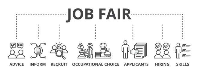 Job fair concept icon illustration contain advice, inform, recruit, occupational choice, applicants, hiring and skills.