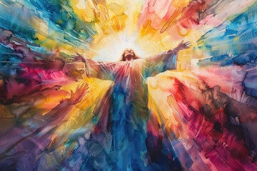 Jesus Ascending in Watercolor Portrait., the Ascension of Christ, the ascension of Jesus into heaven, a festival celebrated by Christians.