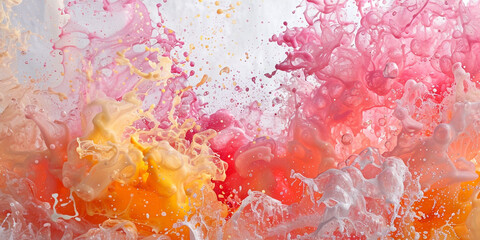 A symphony of coral pink and sunshine yellow pigments dancing together, creating an explosion of color in water against a pure white setting.