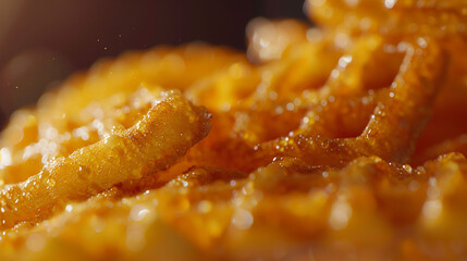 A symphony of textures captured in a single shot, showcasing the crispy exterior of waffle fries.