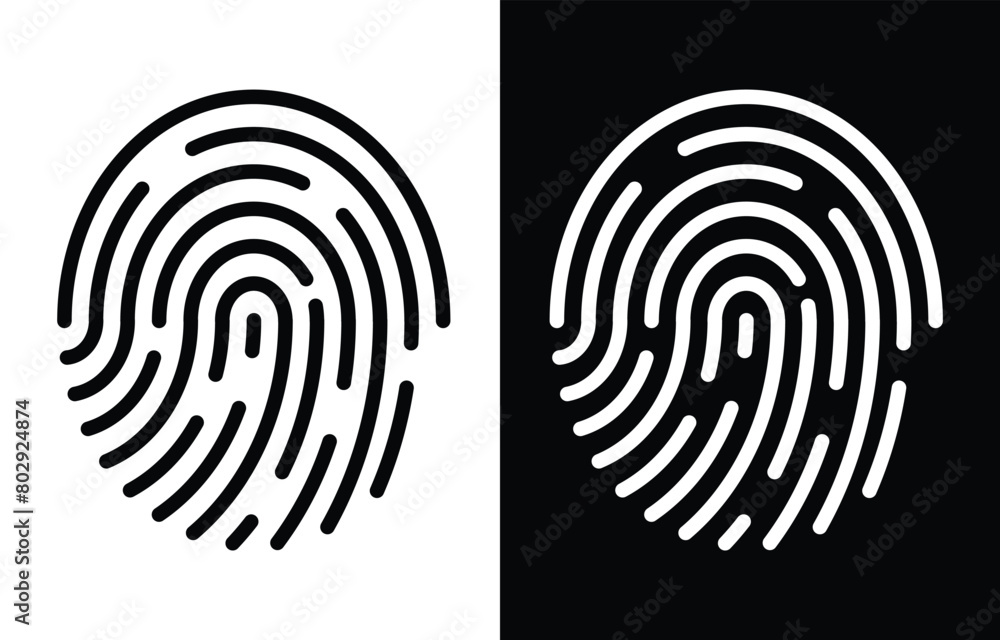 Poster set of fingerprint scan icons. black and white thumb print symbol. biometric security check icon for