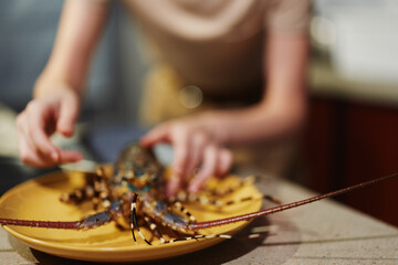 Cooked lobster on plate with knife, seafood delicacy, gourmet dining experience, culinary art,...