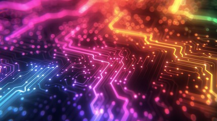 Obraz premium A background of interconnected lines resembling a circuit board, with each line pulsing with a different color, showcasing the flow of electricity in an abstract way.