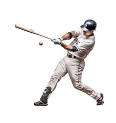 Baseball player in mid-swing with focus and force, sporting a team uniform, helmet, and gloves, isolated on transparent background. Generative AI