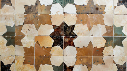 Moroccan (Moorish) Ceramic Tile. Aged textured pattern wallpaper surface. Yellow and brown color
