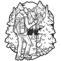 Outline of a hiker with a backpack trekking through a mountainous landscape, evoking the spirit of outdoor camping and wilderness exploration in a line art style