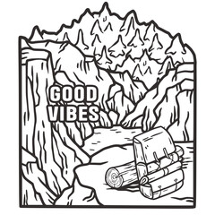Stylized line art illustration of a mountainous landscape featuring camping gear and the phrase 'good vibes', invoking a spirit of outdoor exploration and positivity
