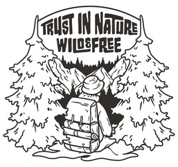 Line art illustration depicting a serene outdoor camping scene with a backpack. Surrounded by forest trees