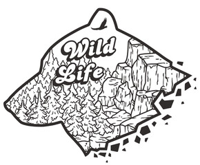 Line art badge featuring a stunning mountain landscape encapsulating the spirit of wild life, ideal for hiking, camping, and outdoor adventure themes