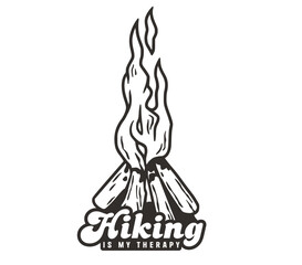 Black and white line art of a campfire with inspiring text hiking is my therapy above, encapsulating the essence of outdoor activities and nature therapy