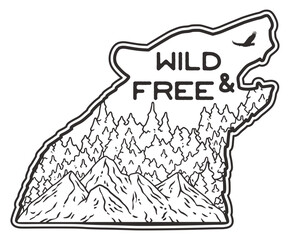 Minimalist line art illustration of a mountainous landscape within a bear silhouette, featuring the phrase, suitable for camping and outdoor adventure themes