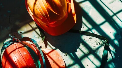 Construction site safety gear, vivid colors, close-up, midday sun casting sharp shadows