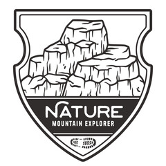 Monochrome line art badge featuring a mountain landscape with cliffs and a flying bird for outdoor adventure, camping, and hiking-themed designs and illustrations