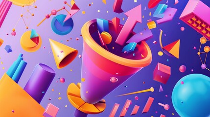 Colorful vector illustration in 3D style featuring geometric objects falling into a funnel, symbolizing sales statistics and successful marketing strategies.