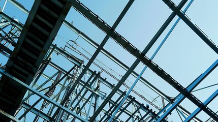 Steel framework of a building under construction, clear sky backdrop, close-up, worm's eye view 