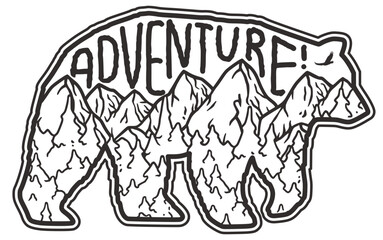 Stylized black and white line art illustration combining a bear silhouette with a mountain range, symbolizing outdoor adventure and the spirit of wilderness exploration