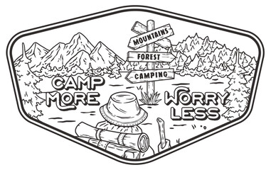 Fototapeta premium Monochrome line art badge with a motivational message, featuring mountain scenery and camping symbols, ideal for outdoor enthusiasts and nature-inspired designs