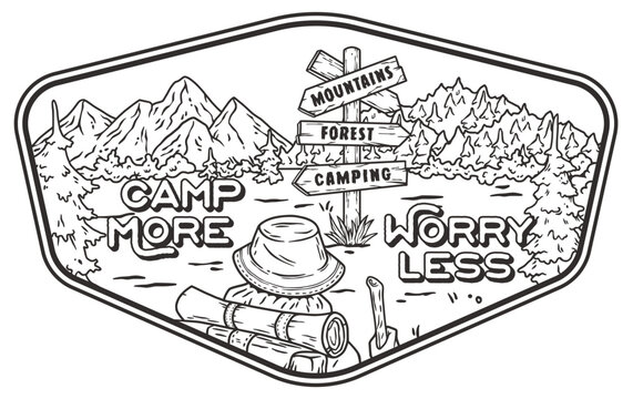 Monochrome line art badge with a motivational message, featuring mountain scenery and camping symbols, ideal for outdoor enthusiasts and nature-inspired designs