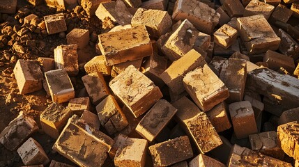 Pile of construction materials, warm afternoon light, detailed textures, close-up, high angle view 