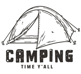 Hand-drawn line art illustration featuring a tent for outdoor enthusiasts and nature-themed graphic designs