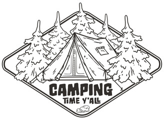 Stylized line art badge featuring a tent nestled among pine trees for outdoor adventure and camping enthusiasts