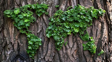 Conceptual illustration of global development and the green economy, represented by a world map made of vine leaves growing on forest trees, symbolizing environmental conservation.