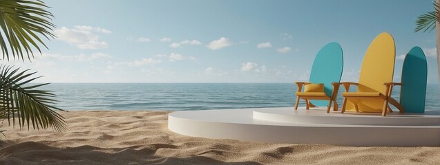  Abstract minimal display podium for showing products or cosmetic presentation with summer beach scene, Summer time