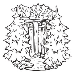 Monochrome line art illustration of a camping scene within a dense forest, featuring a mountain backdrop, a waterfall, and wildlife, ideal for outdoor adventure themes