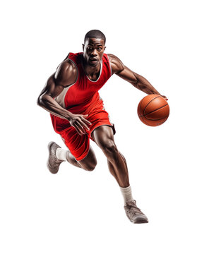 Dynamic basketball player in mid-dribble, captured in a moment of focused athleticism against a transparent background. Generative AI