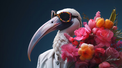 Hyperrealistic cyberpunk male bird character with white feather and big beak holding bouquet of flowers on minimal dark background. Modern pop art illustration