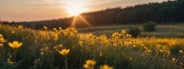 Abstract soft focus sunset field landscape of yellow flowers and grass meadow warm golden hour...