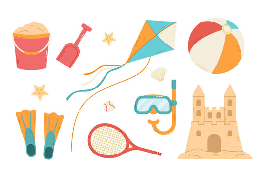 Set of summer beach toys and games. Vector flat isolated illustration