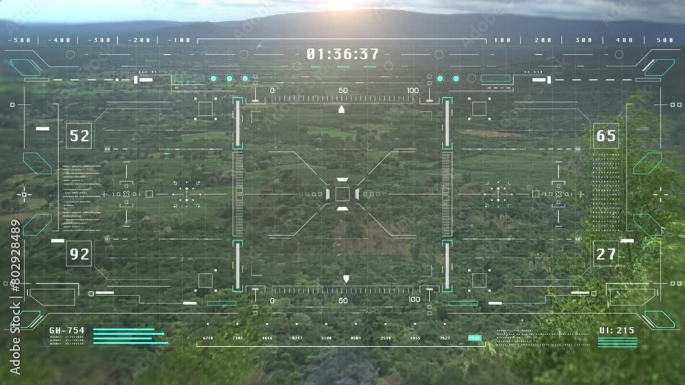 Aufkleber HUD digital panel interface aerial view flying through explore forest on sun shine behind the mountain landscape or perspective view with automatic tracking system 4K motion