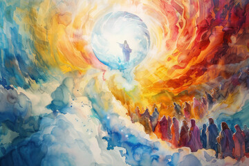Ascension of Jesus in Watercolor, the Ascension of Christ, the ascension of Jesus into heaven, a festival celebrated by Christians.