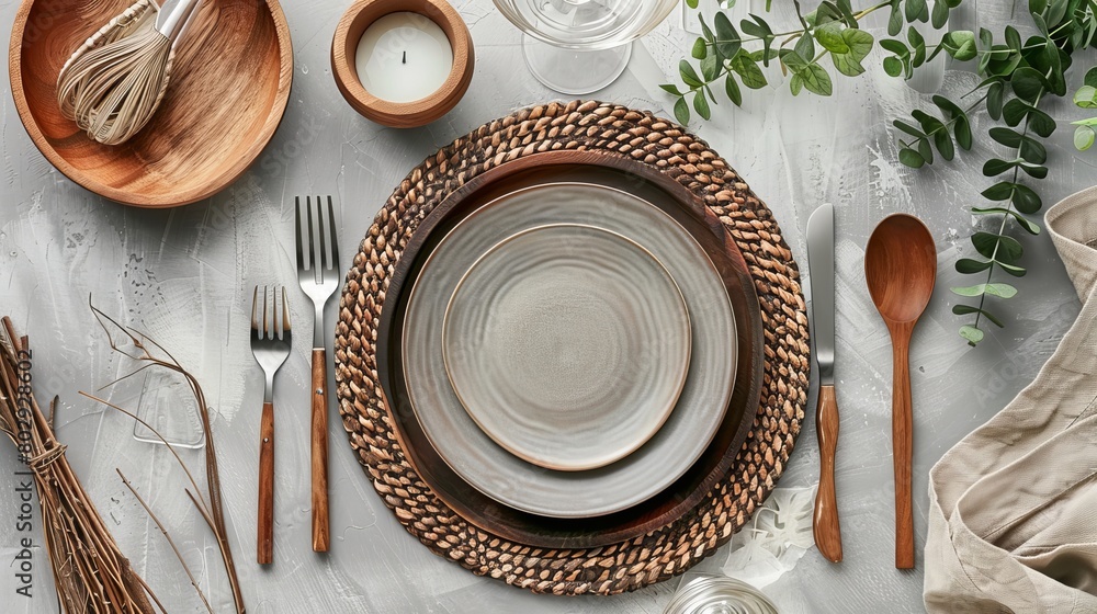 Poster elegant table setting displayed on a grey background.