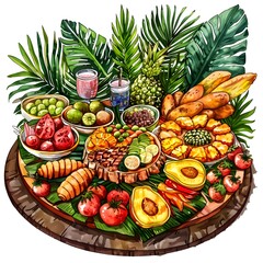 Beautiful table full of fruits watercolor clipart illustration
