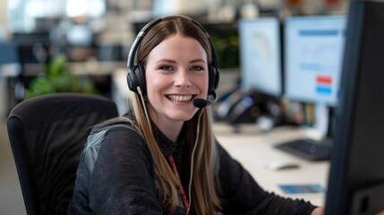 Smiling Female Support Specialist with Headset in Office