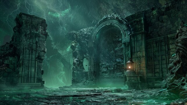The entrance to the underworld is marked by the fearsome gates of dungeons and hell, guarded by Charon, his lantern illuminating the path across the Styx for doomed souls