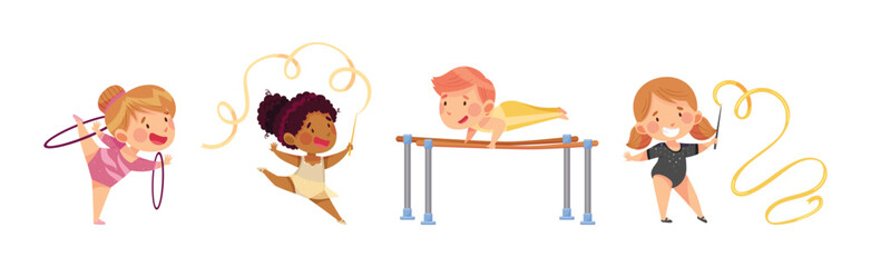 Little Boy and Girl Doing Gymnastics Vector Set