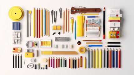 Set of bright school supplies isolated on a clean white background.