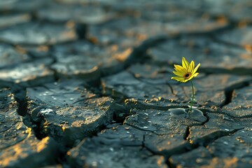 Oasis Drop A singular raindrop falls on dry, cracked earth, enabling a small flower to emerge, representing hopes power, closeup shot with empty background