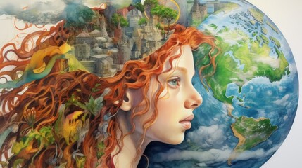 Poster. Modern Art. Portrait of a woman with thoughts about preserving the Earth in curly hair decorated with elements of a healthy environment. The concept of art, inspiration, fantasy.