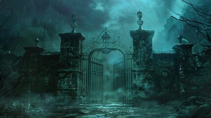 Sturdy, foreboding gates standing at the entrance to a dungeon in a hellish setting, designed to evoke the thrill of discovery in fantasy literature