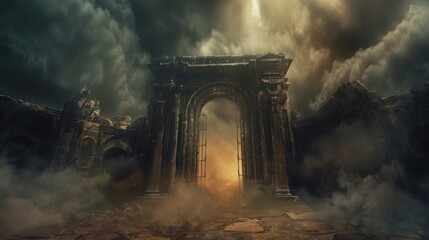 Sinister entrance to hell, ancient gates standing amidst swirling dark mists, symbolizing the threshold to a realm of eternal suffering and darkness
