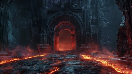 Sinister dungeon gates set against the fiery backdrop of hell, with a mysterious forest shrouded in fog, designed to stir fear and awe
