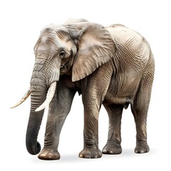 Obraz premium Walking elephant isolated on white African elephant isolated on a uniform white background Photo of an elephant closeup side view 