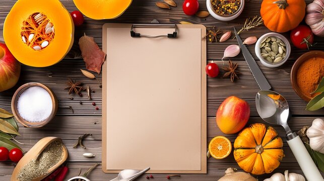 Food background featuring ingredients for tasty winter and autumn dishes with pumpkin, arranged around a blank cardboard clipboard for menu or recipe display. Top view mockup.