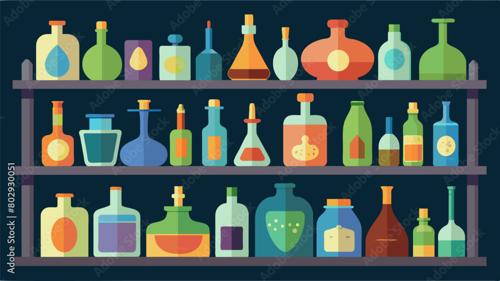 Poster shelves upon shelves of antique glass bottles catch your eye each one handblown and with a different
