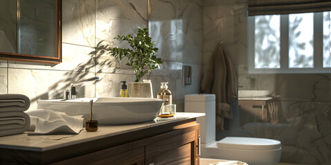 A bright minimalist bathroom in white colors with wooden counter cotton towels and bathroom accesaries