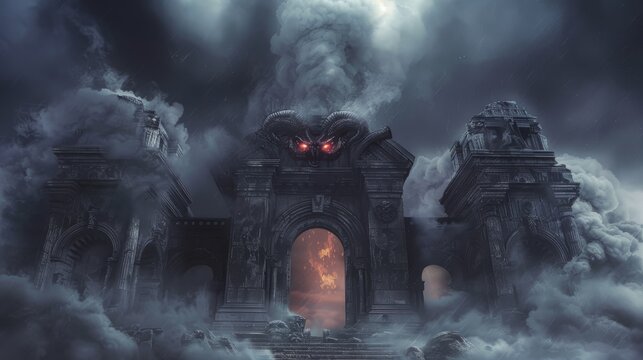 Mythological representation of Hades' gates, featuring Cerberus with eyes glowing in the dark, surrounded by the eerie mists of the underworld